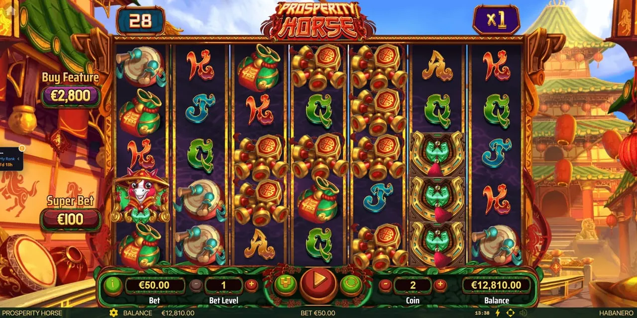 The Prosperity Horse base game: a seven by five grid of gold festival symbols behind a carved red frame