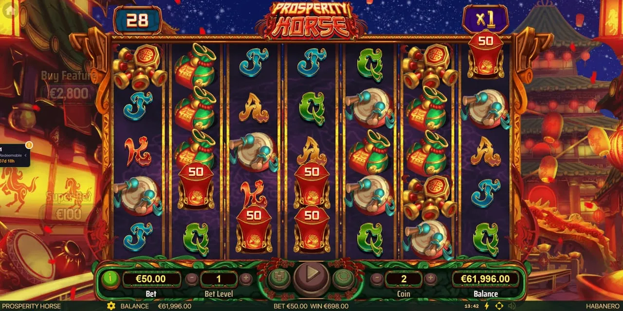 Red envelope symbols scattered across the Prosperity Horse grid with gold reveal panels