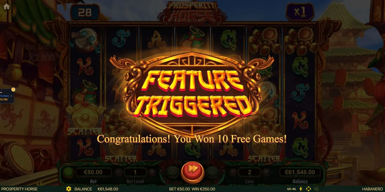 The Prosperity Horse free games screen with the feature counter and active symbols on the seven-reel grid
