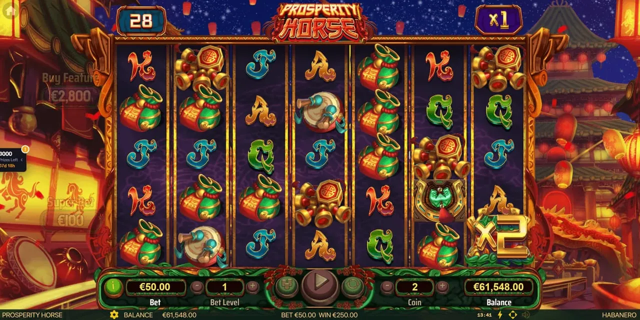 A golden horse Wild held in place on the Prosperity Horse reels beside two framed Multiplier Gate values